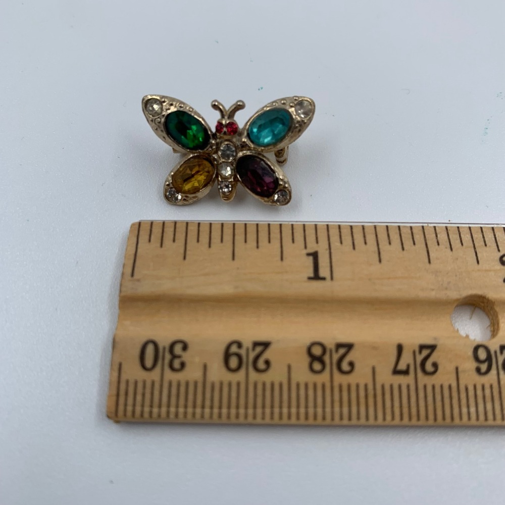 Vintage Gold Tone Mini Multicolor Rhinestone Butterfly Brooch Pin 1.25"